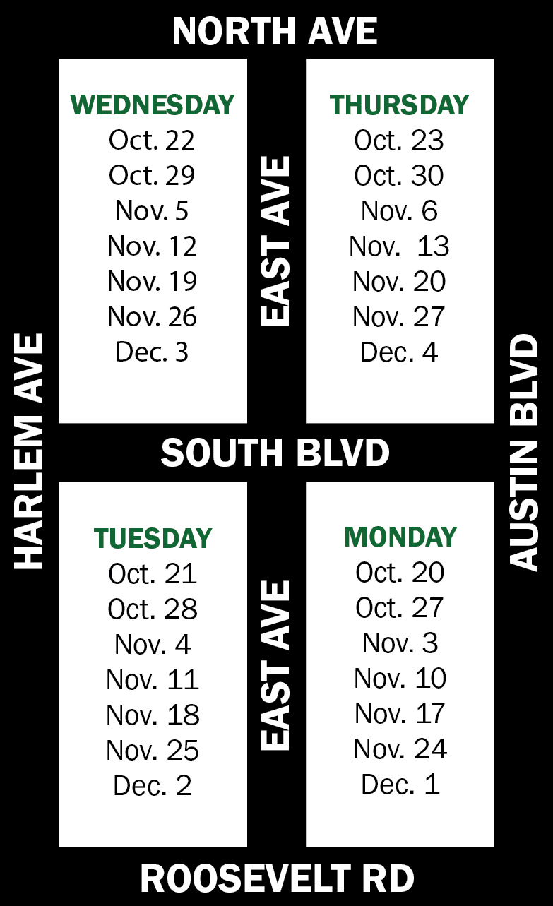Map listing the dates when leaves will be picked up during the the 2014 season.